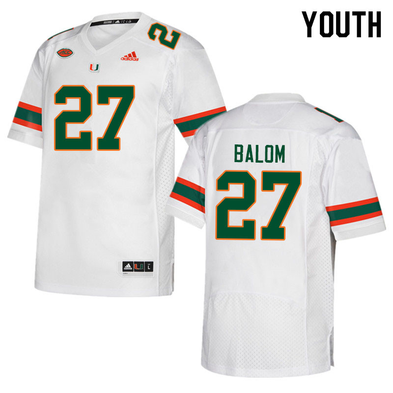 Youth #27 Brian Balom Miami Hurricanes College Football Jerseys Sale-White - Click Image to Close